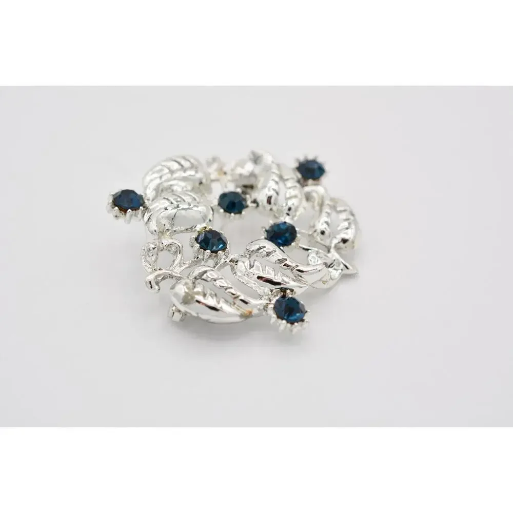 Vintage Crystal Leaf Wreath Pin Blue Rhinestone Silver Tone Heavy 1980s BinAT